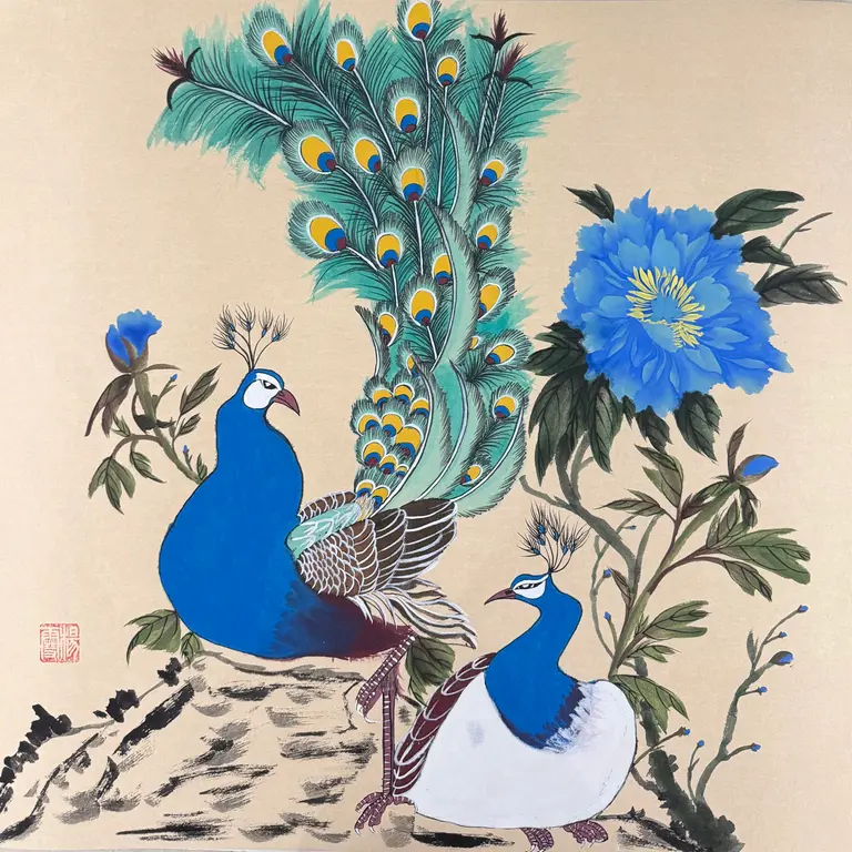 Image for Peacock and peonies
