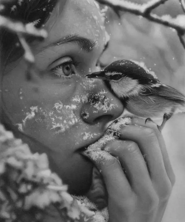 Image for Echoes in the Frost – Hyperrealistic Graphite Drawing | Woman and Bird Winter Sketch | A3 A2 Fine Art