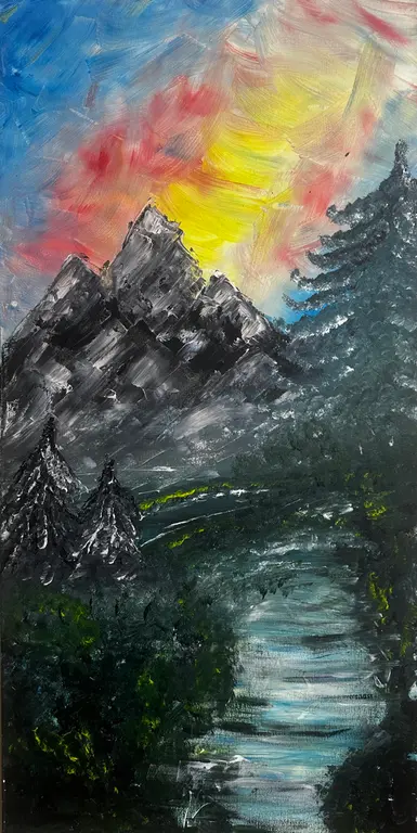 Image for Landscape Mountain Acrylic Painting Inspired by Bob Ross 100X50 cm