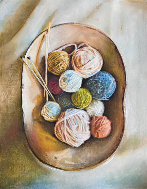 watercolor drawing. a ball of wool and knitting needles