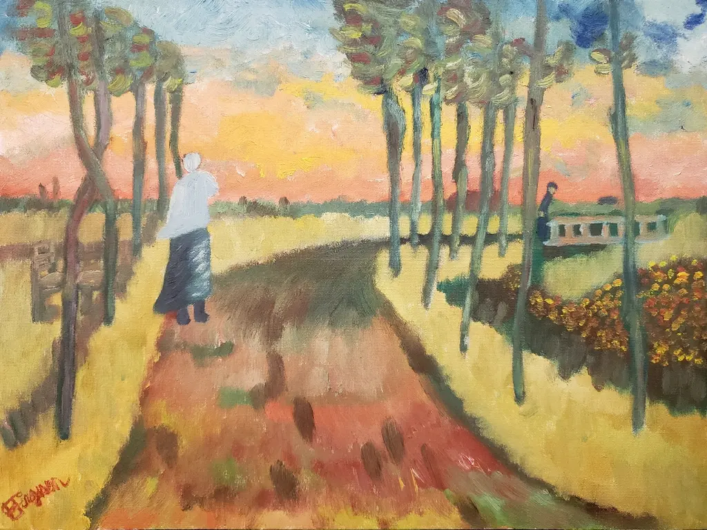 Image for "Landscape with a Woman Walking" (after van Gogh, drawing, 1883, The Hague)